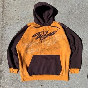 Y2K Streetwear Willie Esco Hoodie Mens XL Yellow Brown Colorblock Embroidered